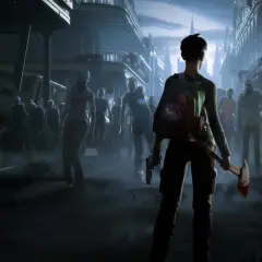 Dziewczyna z toporem i pistoletem stawia czoła hordzie zombie w mrocznym mieście. To scena z gry The Walking Dead.