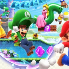 Mario Bros Wonder: Mario, Luigi, Peach, Daisy, Yoshi i inni bohaterowie w kolorowym świecie gry.
