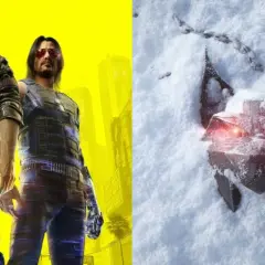 Dwie postacie z gry Cyberpunk 2077 od CD Projekt RED na tle żółtego miasta i mechaniczny wilk z czerwonymi oczami w śniegu.