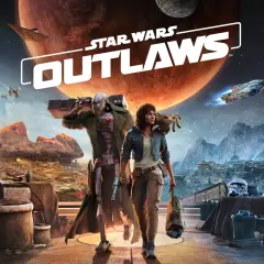 Postapokaliptyczny krajobraz, para bohaterów i logo gry Star Wars Outlaws. W tle statki kosmiczne i ogromna czerwona planeta.