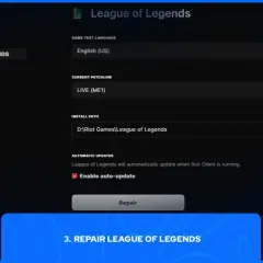 Ustawienia klienta Riot Games: jak sprawdzić spójność plików League of Legends. Widoczny przycisk "Repair" do naprawy gry.