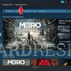 Jak sprawdzić kod URL Steam? Na zrzucie ekranu widać okno aplikacji Steam z podświetloną nazwą użytkownika "HARDRESET1" na górnym pasku.