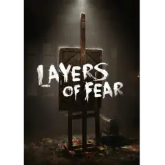 Mroczne studio malarskie z sztalugą i drzwiami, na których widnieje napis "LAYERS OF FEAR". Wokół rozrzucone farby, sugerujące artystyczny chaos i **layers of fear**.