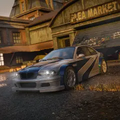 BMW M3 E46 z kultowej gry Need for Speed Most Wanted Remake czeka na wyścig przy zniszczonym "Flea Market".