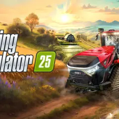 Czerwony traktor pędzi przez pole w grze Farming Simulator 25 PS4. Słońce zachodzi nad malowniczym krajobrazem.