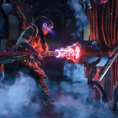 Aloy z Horizon Forbidden West premiera walczy z mechanicznym potworem w futurystycznym otoczeniu.