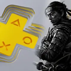 Samuraj z łukiem obok żółtego logo PlayStation Plus Premium.