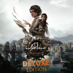 Dwie kobiety na tle parowego miasta i gór. W tle logo gry Syberia: The World Before Deluxe Edition.