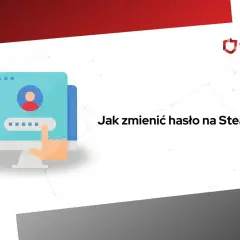 Grafika przedstawia ekran logowania na komputerze z ikoną użytkownika i polem hasła. Tekst "Jak zmienić hasło na Steam?" sugeruje poradnik.