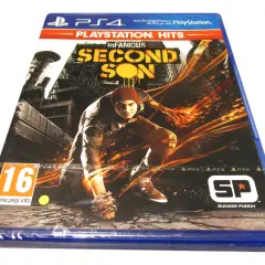 Okładka gry PlayStation 4 "inFAMOUS Second Son" z postacią Delsina Rowem, otoczoną płomieniami.