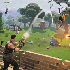 Gracze Fortnite, stworzonego przez Epic Games, walczą na zielonej wyspie. Jedna postać spada na spadochronie, inni strzelają.