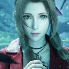 Aerith z Final Fantasy VII Rebirth z zielonymi oczami i w czerwonej kurtce, w tle migoczące światła.
