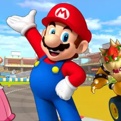 Mario, Księżniczka Peach i Bowser na torze wyścigowym. Wszyscy gotowi do emocjonujących wyścigów w gry online Mario!