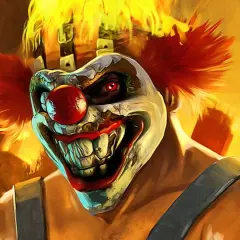 Przerażający klaun z gry Twisted Metal, z płonącymi włosami i złowrogim uśmiechem, na tle płonącego miasta.