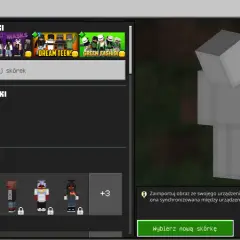 Ekran wyboru skórek w Minecraft. Zobaczysz tu polecane skórki, posiadane skórki i opcję pobrania nowych, by zmienić wygląd postaci.