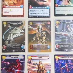 Karty z gry karcianej Star Wars: Millennium Falcon, Kapitan Phasma, Czerwony Piątak i Sith Trooper.