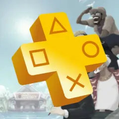 Żółte logo PS Plus z symbolami przycisków, na tle letniej sceny z ludźmi i budynkiem "Mr. Bancho". Gry na kwiecień!