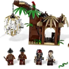 Lego piraci z Karaibów: plemienna wioska z klatką, tronem, ogniskiem i postaciami.