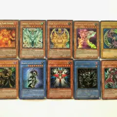 Kolekcja kart Yu-Gi-Oh! z potężnymi potworami jak Exod, Magician i Elemental Hero.