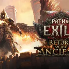 Skrzydlaty wojownik z płonącą piersią i włócznią, obok logo Path of Exile po polsku: Return of the Ancients.