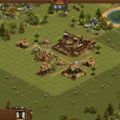 Wioska w grze Forge of Empires, z chatami i budynkami z epoki brązu, otoczona zielenią i stawem.