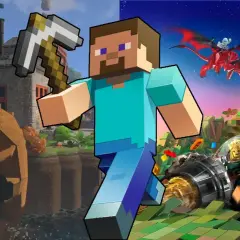 Steve z kilofem w ręku, obok budowli i wodnego koła, a po drugiej stronie smoki i pojazdy z klocków. Gry podobne do Minecraft.