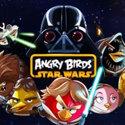 Postacie z gry Angry Birds Star Wars II, w tym Darth Vader, Luke Skywalker i Chewbacca, na tle kosmosu.