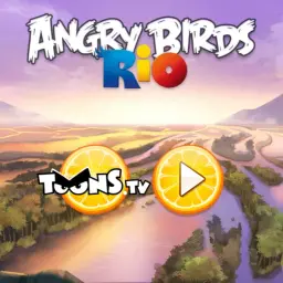 Logo Angry Birds Rio na tle krajobrazu. Niebieski ptak i czerwone jajko siedzą na skale.
