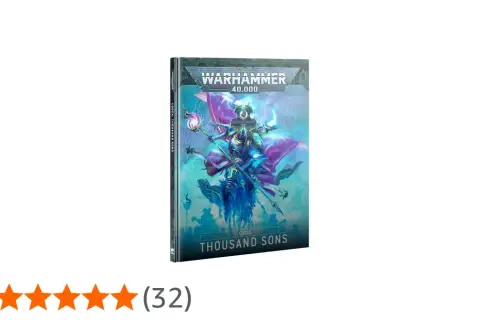 Okładka Warhammer 40,000 Codex: Thousand Sons. Mistyczny mag w niebiesko-fioletowych szatach dzierży kostur.