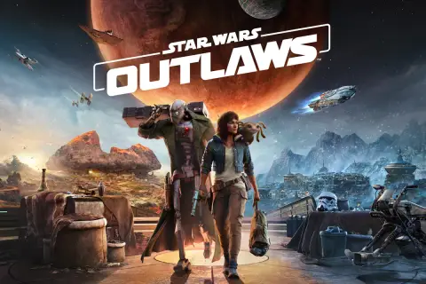 Postapokaliptyczny krajobraz, para bohaterów i logo gry Star Wars Outlaws. W tle statki kosmiczne i ogromna czerwona planeta.