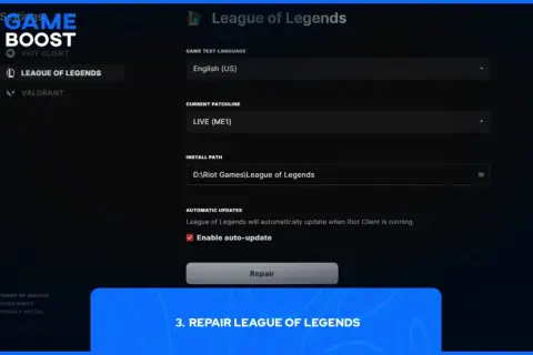 Ustawienia klienta Riot Games: jak sprawdzić spójność plików League of Legends. Widoczny przycisk "Repair" do naprawy gry.
