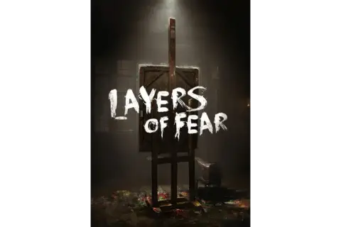 Mroczne studio malarskie z sztalugą i drzwiami, na których widnieje napis "LAYERS OF FEAR". Wokół rozrzucone farby, sugerujące artystyczny chaos i **layers of fear**.