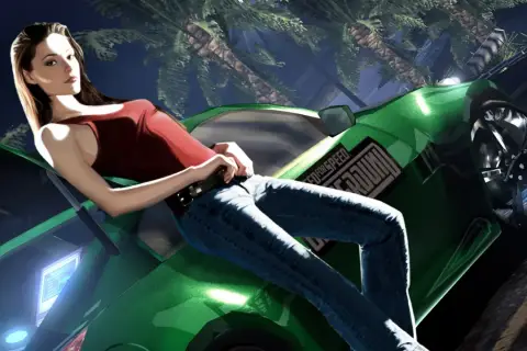 Dziewczyna w dżinsach i czerwonym topie opiera się o błyszczący zielony samochód z logo Need for Speed Underground.