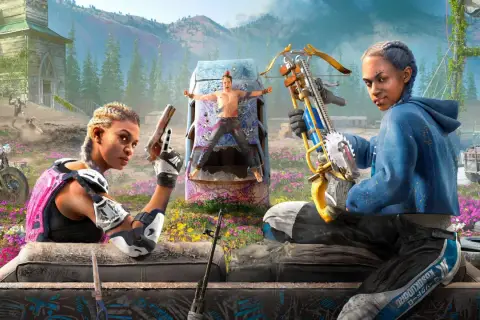 Dwie kobiety z bronią w ręku, w tle przywiązany mężczyzna i kościół. Scena z gry Far Cry New Dawn.