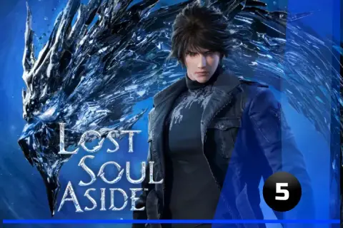 Mroczny wojownik z lodowym potworem u boku, tytuł gry "Lost Soul Aside" w tle.