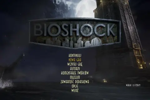 Menu główne Bioshock Remastered. W tle wrak samolotu i latarnia morska. Czekam na polskie spolszczenie.