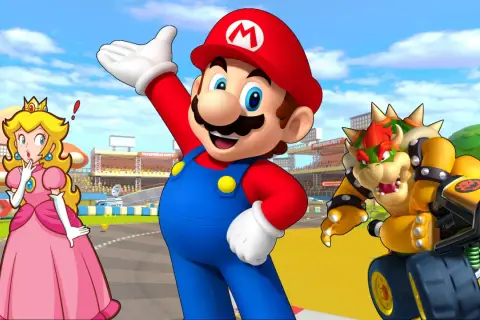 Mario, Księżniczka Peach i Bowser na torze wyścigowym. Wszyscy gotowi do emocjonujących wyścigów w gry online Mario!