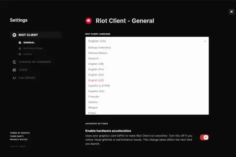 Ustawienia klienta Riot, gdzie można zmienić język gry, np. jak zmienić język League of Legends na polski.