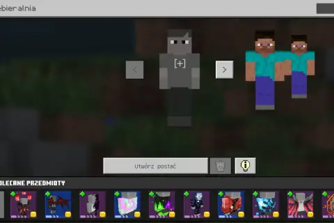 Przymierzanie skina w grze Minecraft. Zobacz, jak ustawić skina na TLauncher, wybierając spośród dostępnych postaci i przedmiotów.