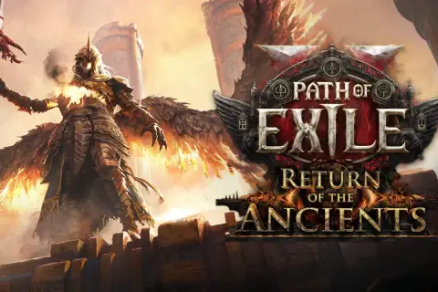 Skrzydlaty wojownik z płonącą piersią i włócznią, obok logo Path of Exile po polsku: Return of the Ancients.