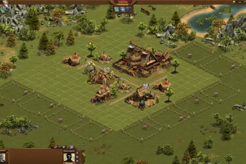 Wioska w grze Forge of Empires, z chatami i budynkami z epoki brązu, otoczona zielenią i stawem.
