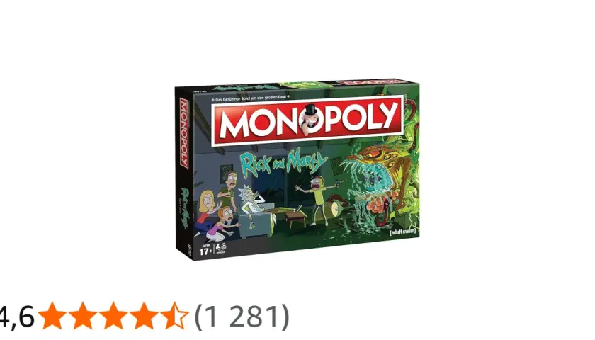 Pudełko gry Monopoly z Rickiem i Morty'm, gdzie Rick i Morty uciekają przed potworem.