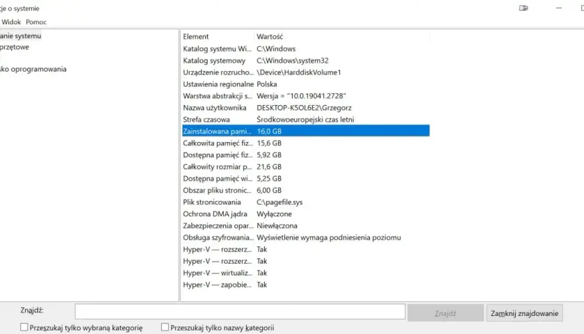Informacje o systemie: jak sprawdzić jaki mam RAM? Zainstalowana pamięć fizyczna: 16,0 GB.