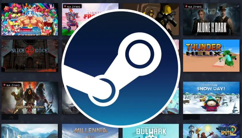 Ikona Steam na tle okładek gier. Zastanawiasz się, dlaczego Steam nie chce się włączyć? Może problem leży w połączeniu lub aktualizacji.