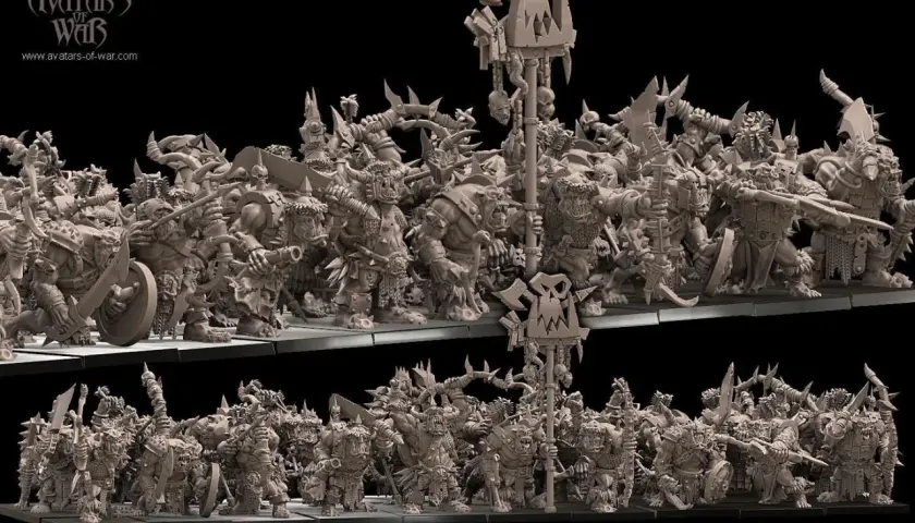 Horda orków z Avatars of War, gotowa do walki. Te figurki to prawdziwi "avatars of war", każdy z własną bronią i tarczą.