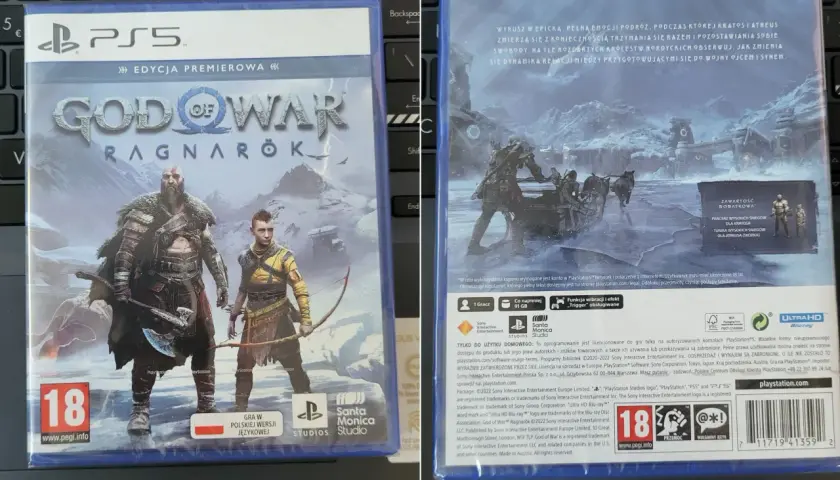Okładka gry God of War Ragnarök na PS5 z polskim dubbingiem. Kratos i Atreus gotowi na przygodę.