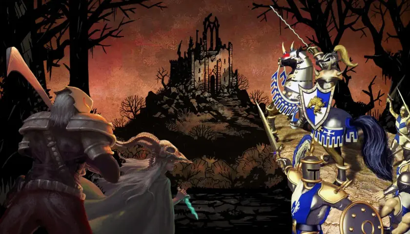 Mroczna bitwa w stylu turowych gier RPG. Rycerze w lśniących zbrojach walczą z potworami u stóp zrujnowanego zamku.
