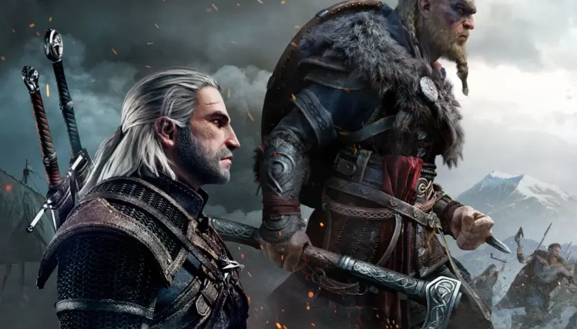 Geralt i Eivor, bohaterowie gier podobnych do Assassin's Creed, gotowi do walki.