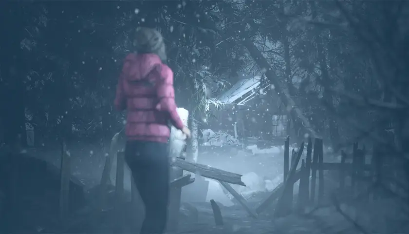 Dziewczyna w różowej kurtce zbliża się do opuszczonej chaty w śnieżną noc. Czy to początek zdobywania until dawn trofea?