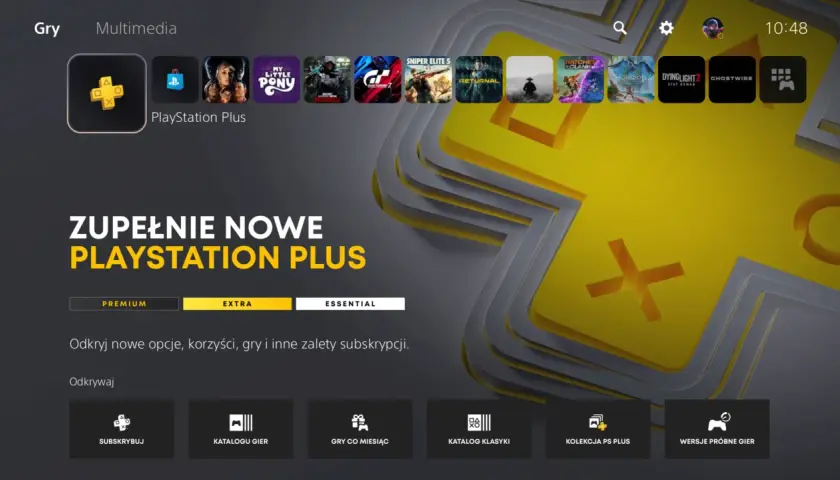 Ekran PlayStation z opcjami subskrypcji PlayStation Plus Extra. Odkryj nowe gry i korzyści.
